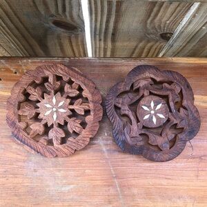 2 Vintage Wood Carved Floral Inlaid Trivets India 5” Diameter